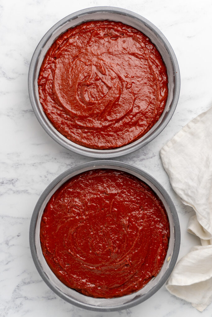 Red Velvet Cake Mixture in pans