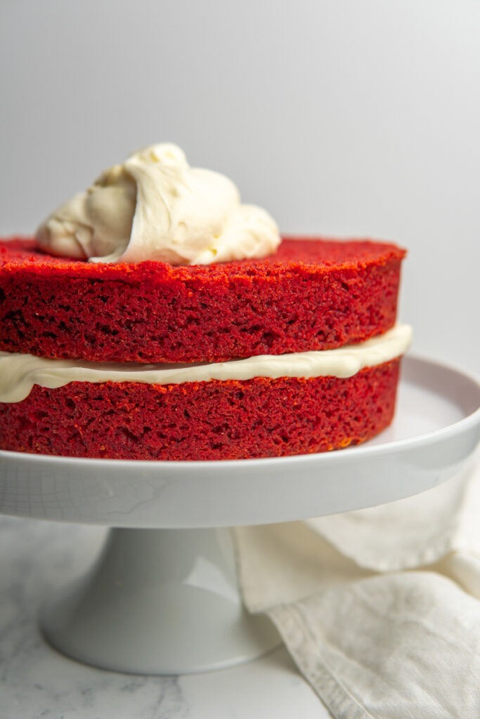 red velvet cake on a cake stand