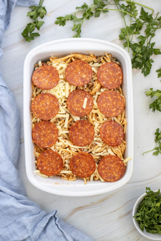 cheesy baked spaghetti pizza casserole