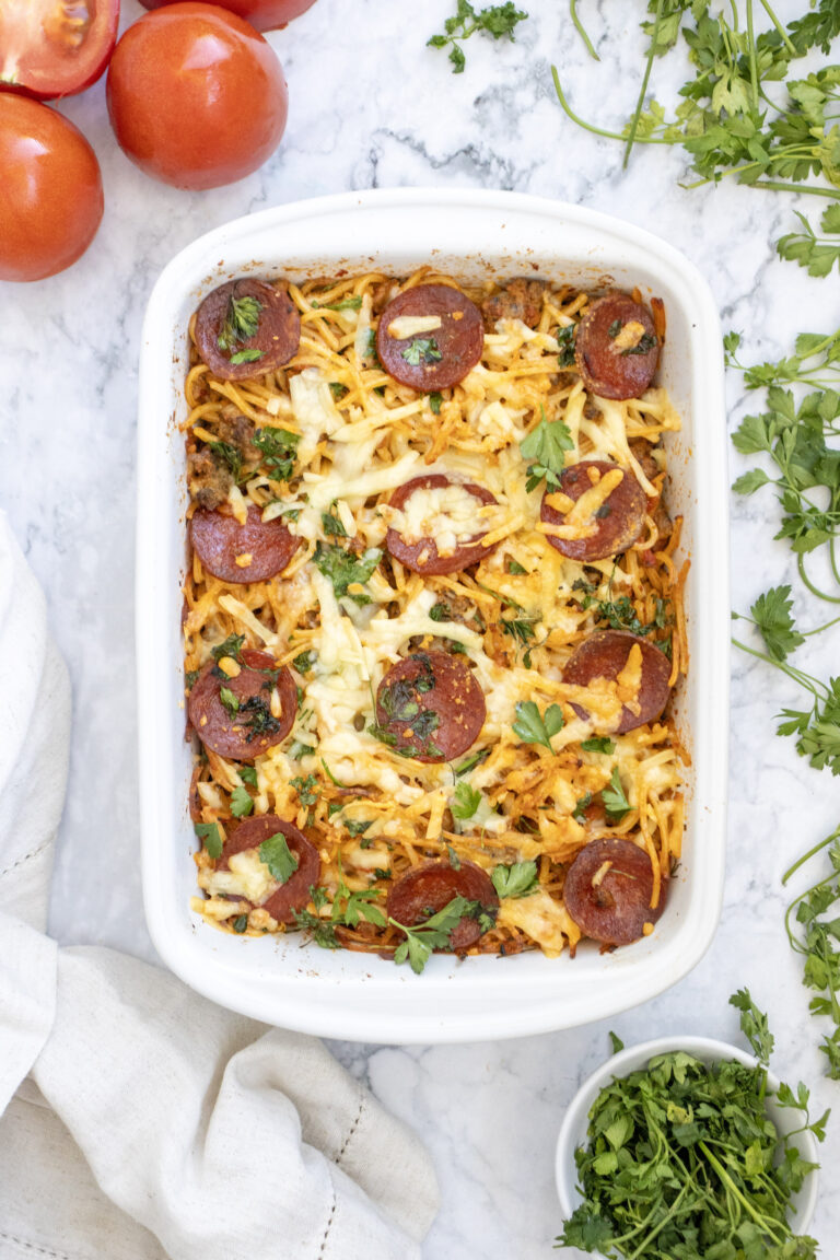 Cheesy Baked Spaghetti Pizza Casserole