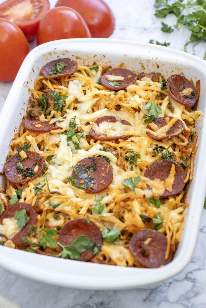 cheesy baked spaghetti pizza casserole