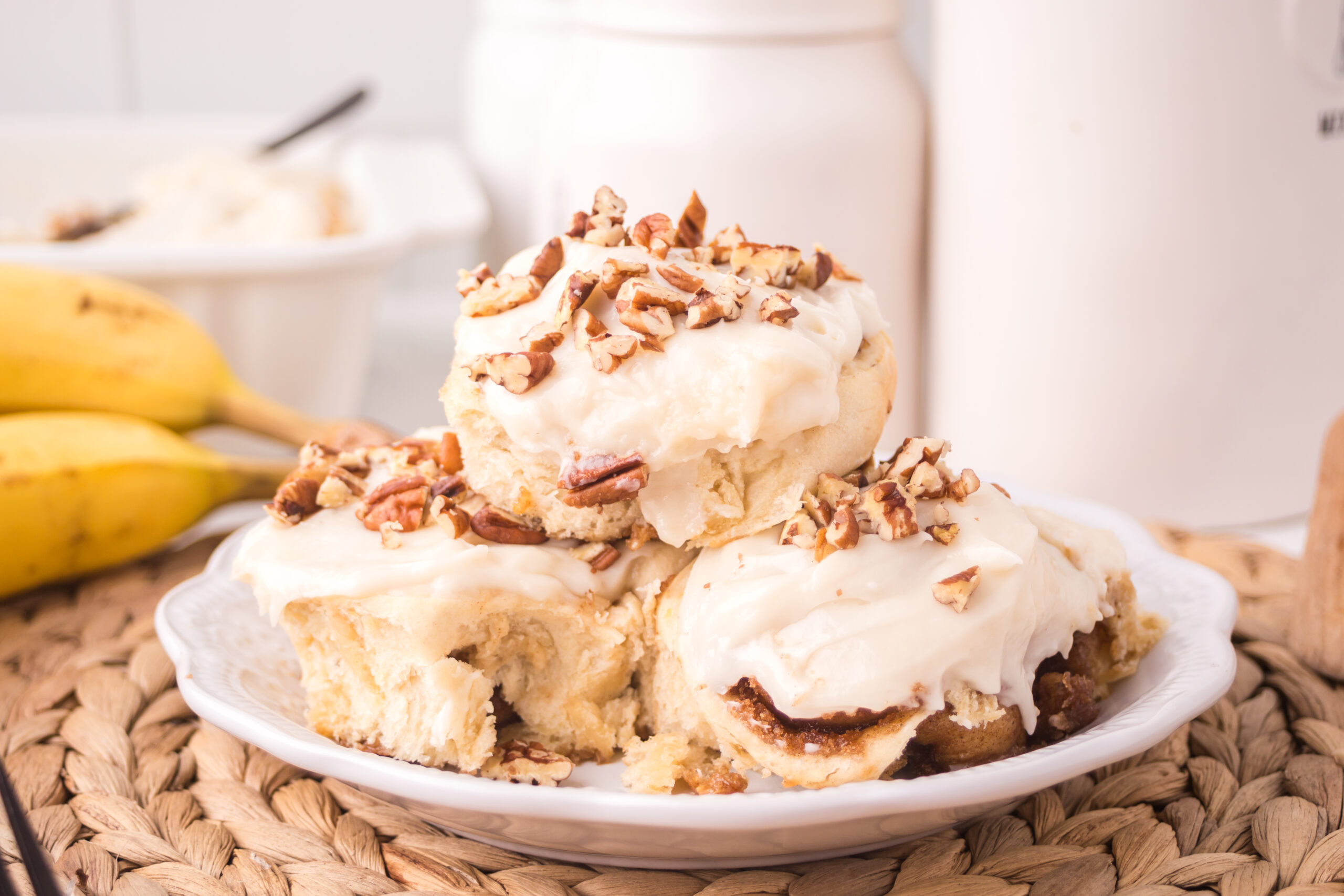 banana bread cinnamon rolls with pecans