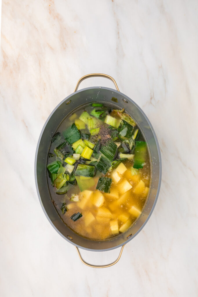 A creamy bowl of slow cooker potato and leek soup
