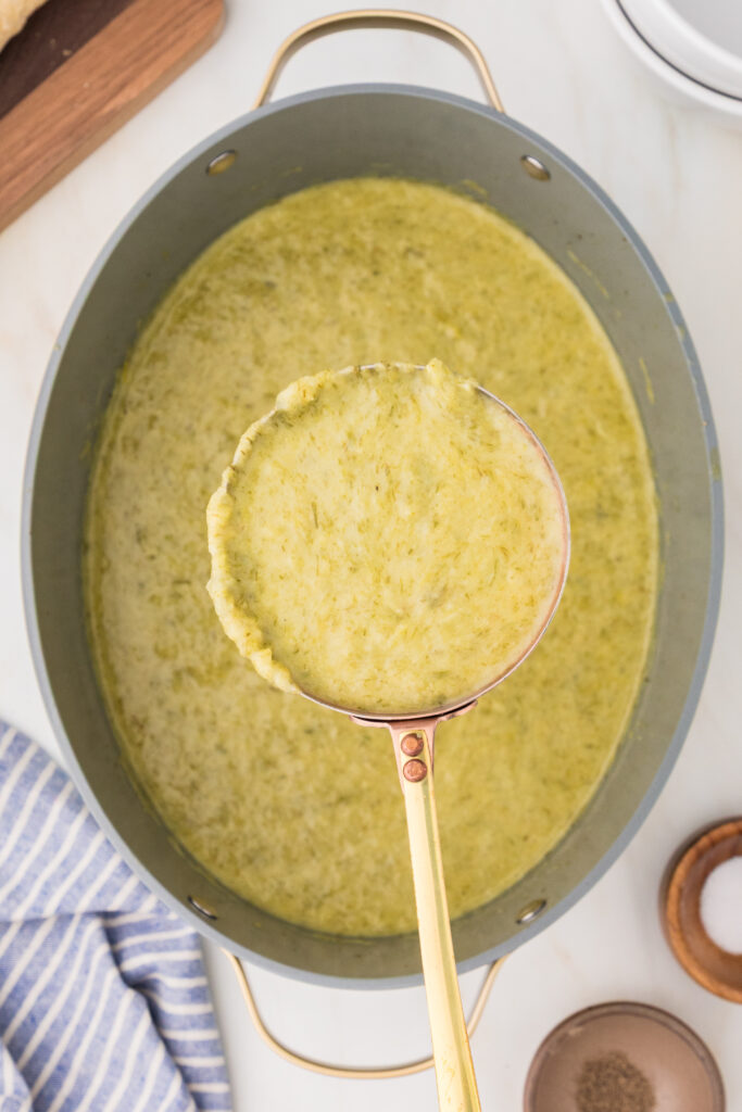 A creamy bowl of slow cooker potato and leek soup