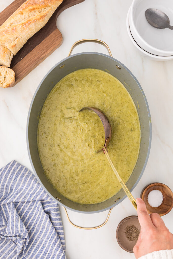 A creamy bowl of slow cooker potato and leek soup