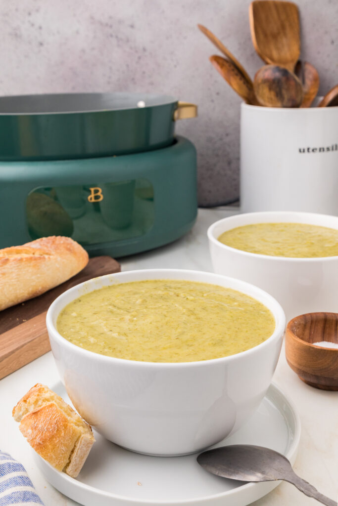 A creamy bowl of slow cooker potato and leek soup